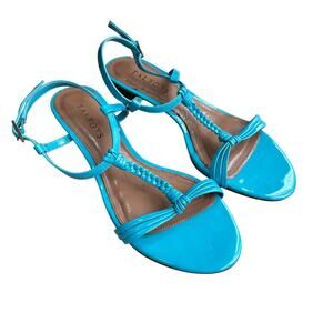 Talbots blue patent sandals wedge heels t-strap ankle buckle US 6.5M dressy
